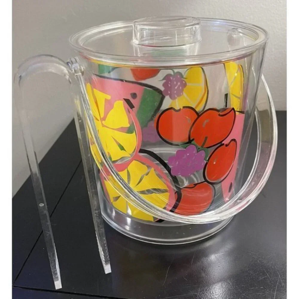 EUC Vintage 1990’s‎ Ice Bucket Fruit Watermelon Acrylic Lucite Plastic Tongs Lid